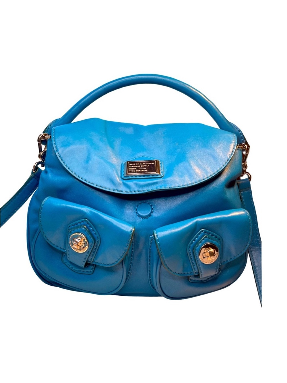 Marc by Marc Jacobs Turquoise Blue Leather Shoulder Bag with Front Flap Pockets
